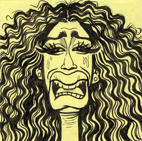 Lady with big curly hair crying