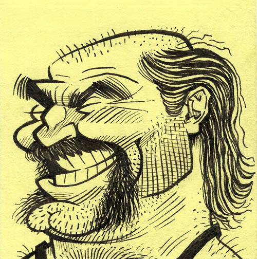 Balding man with horseshoe mustache and mullet