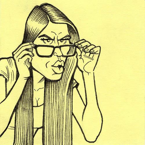 Woman peering intently over glasses